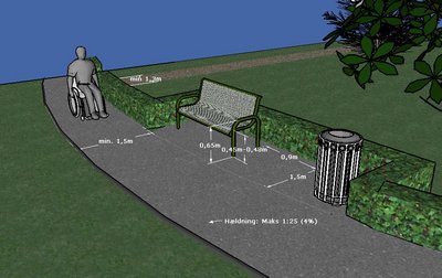 3D tegning af parkområde med græs og sti med bænk i siden og plads til kørestolsbrugere.