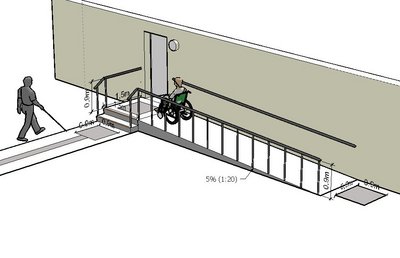 3D tegning af indgang til bygning med en rampe med hældning på 5% 