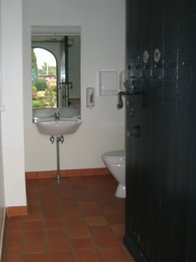 Handicaptoilet med rødbrune fliser på gulvet og lang smal gang hen til toilettet og vask med spejl over.