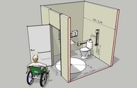 3D tegning set gennem den ene væg af firkantet toilet med plads til kørestolsbrugere.