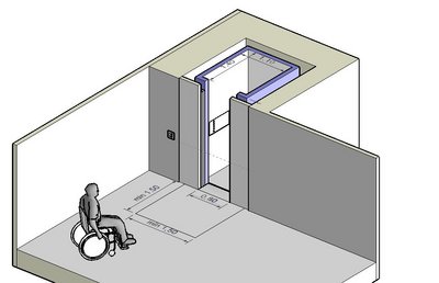 3D tegning af person i kørestol foran indendørs elevator